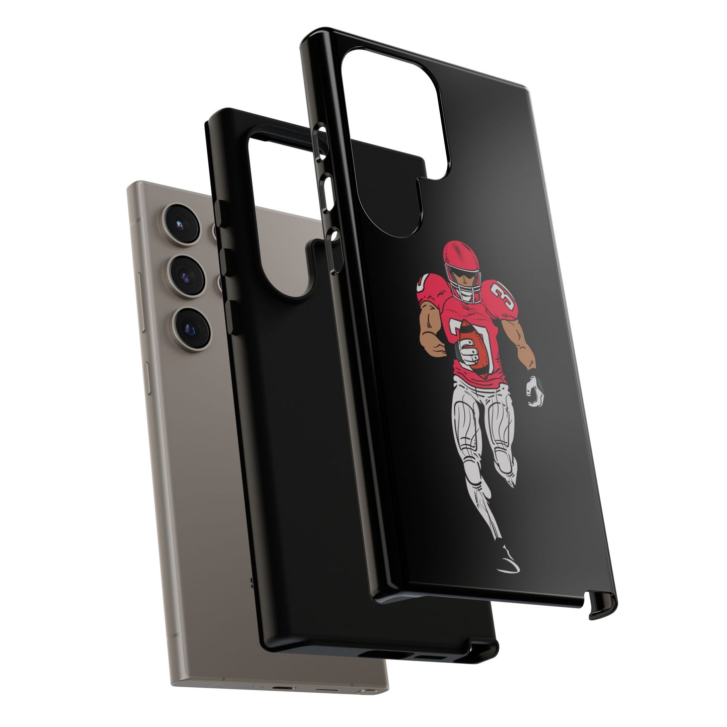 Black sports-themed iPhone case featuring a football player design, made by Printify for tough, protective phone coverage.