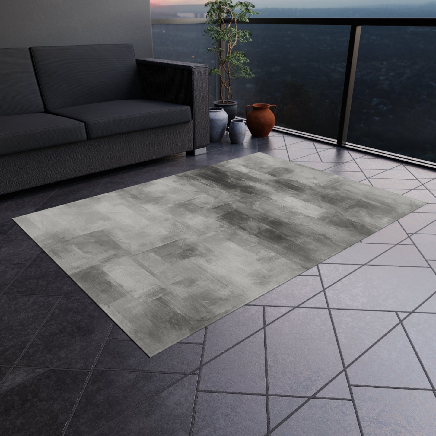 Grey outdoor waterproof rug for patio and deck, designed as a modern blanket-style mat by Printify.