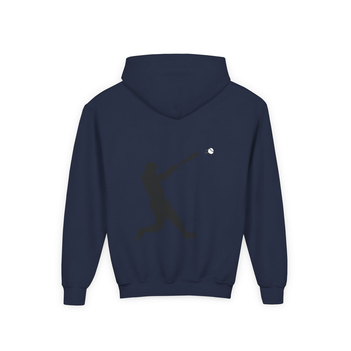 Youth baseball silhouette hoodie for kids featuring a baseball player design, made by Printify, perfect for young sports fans.
