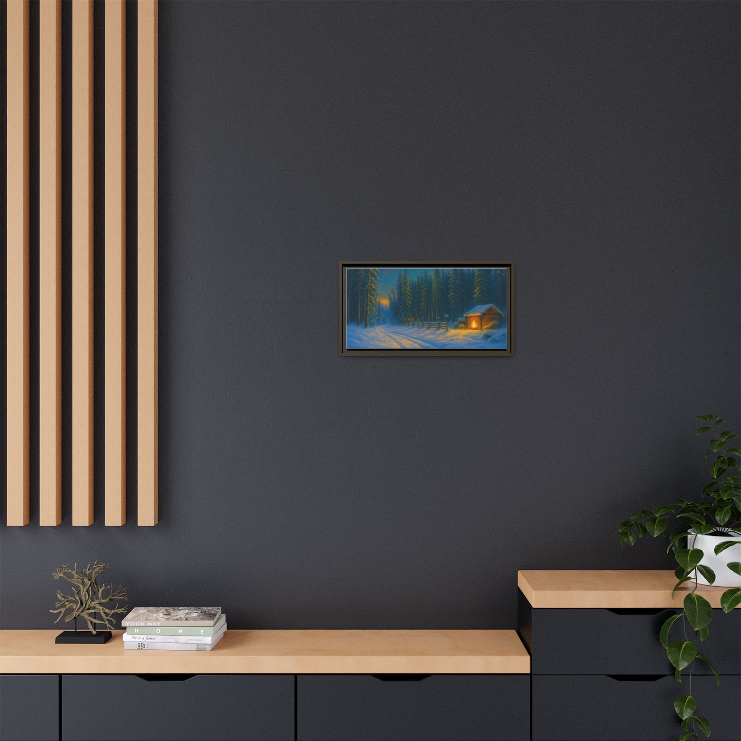 Cozy winter cabin matte framed canvas wall art featuring a snowy forest scene at evening, suitable for winter home decor.