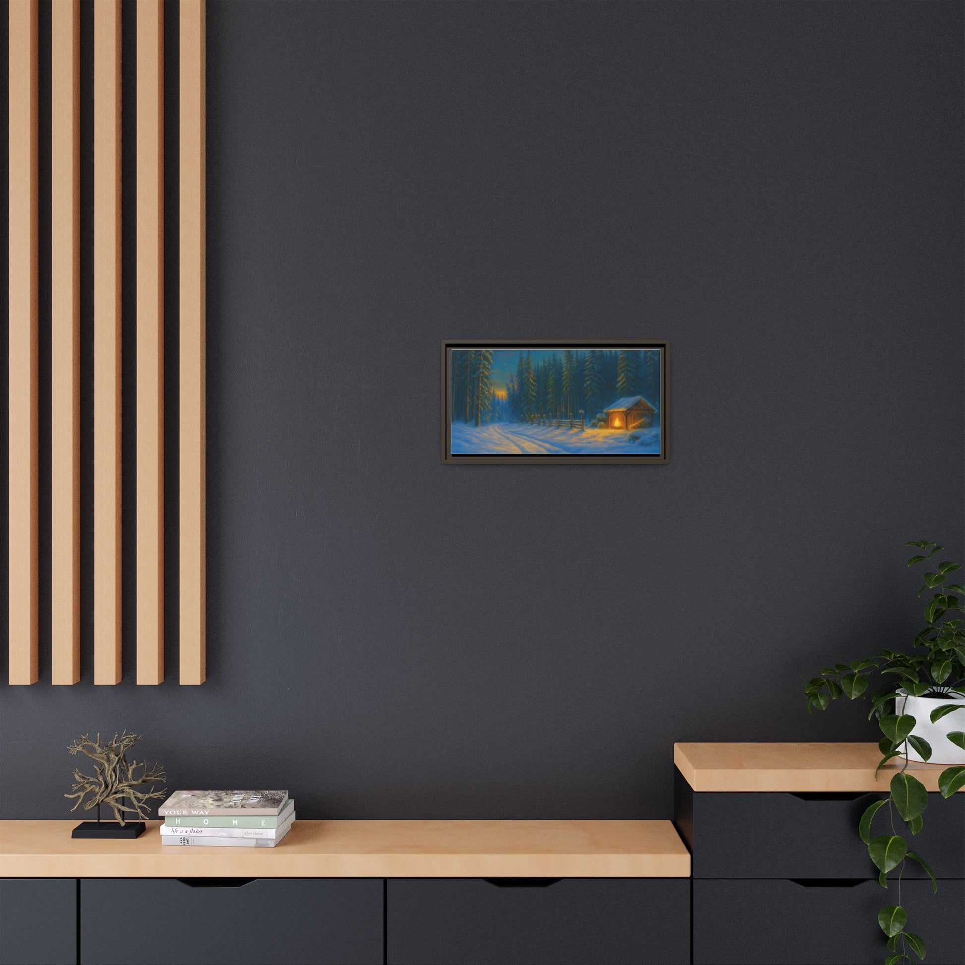 Cozy winter cabin matte framed canvas wall art featuring a snowy forest scene at evening, suitable for winter home decor.