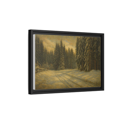Framed matte canvas print of a winter forest landscape wall art by Printify, showcasing snow-covered trees and a serene forest scene.