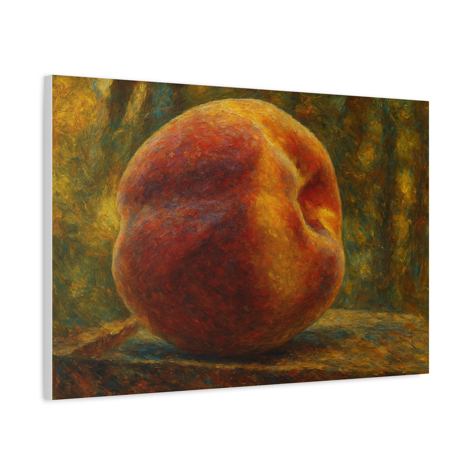Peach still life matte canvas print by Printify, stretched 1.25-inch wall art featuring vibrant peach and floral details.