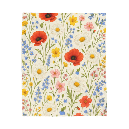 Velveteen plush blanket with wildflower meadow and poppy daisy floral all-over print by Printify