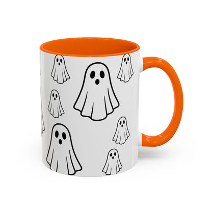 White ceramic coffee mug with ghost pattern design, Halloween-themed accent mug by Printify, 11oz or 15oz size.