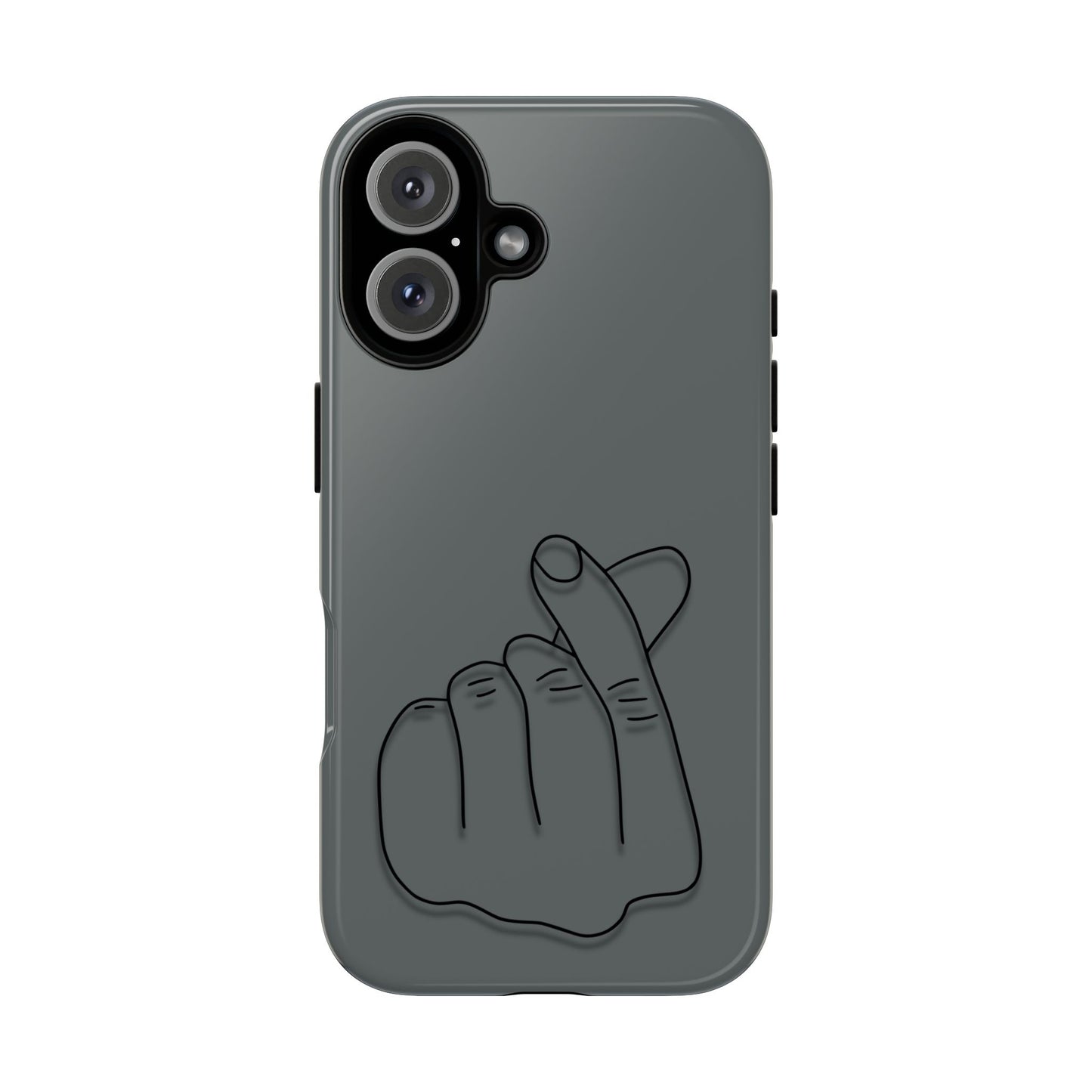 Silicone phone case with embossed Korean finger heart design, compatible with smartphones, featuring a stylish and protective cover.