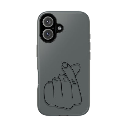 Silicone phone case with embossed Korean finger heart design, compatible with smartphones, featuring a stylish and protective cover.