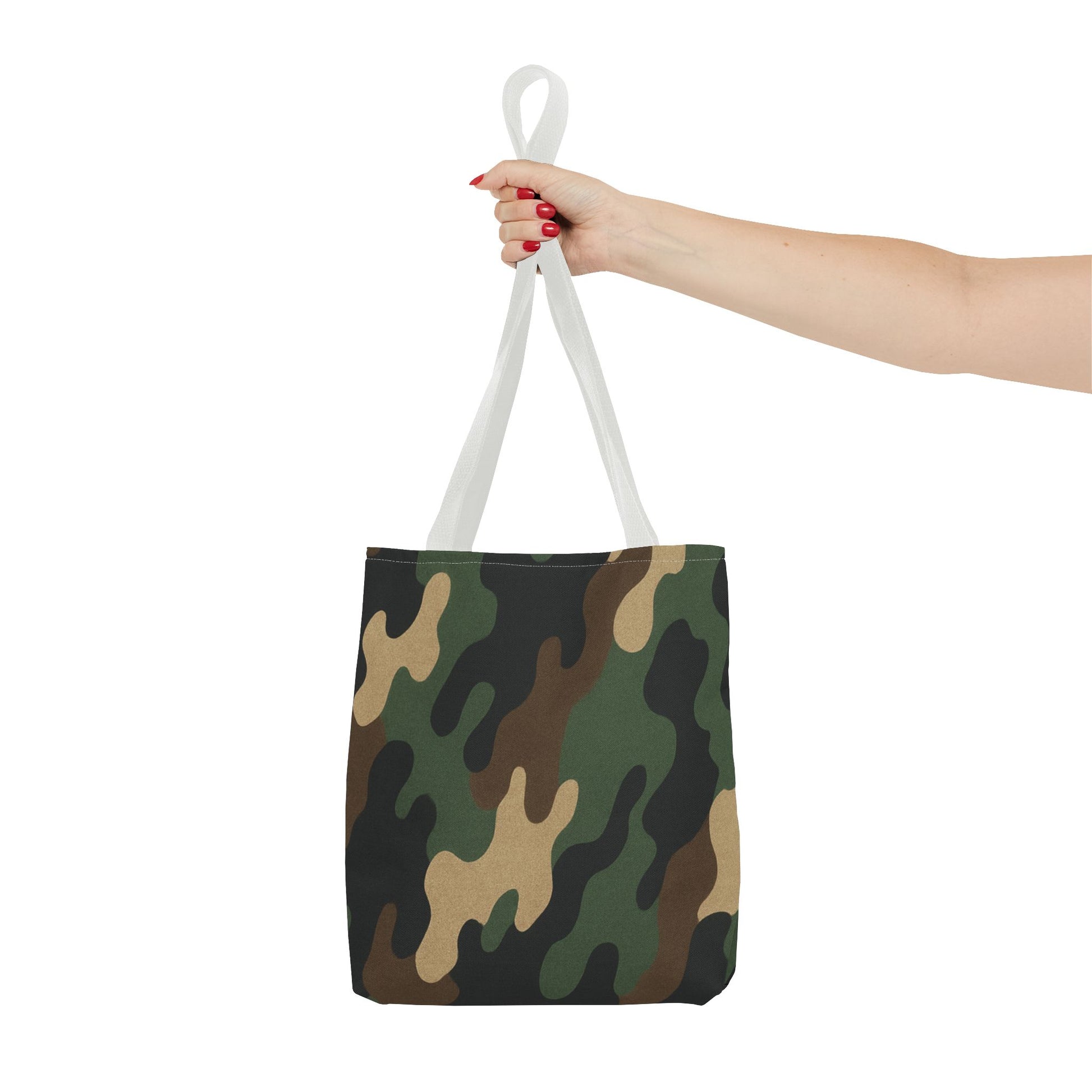 Camo pattern tote bag by Printify, all-over print canvas carryall with durable handles and stylish camouflage design.