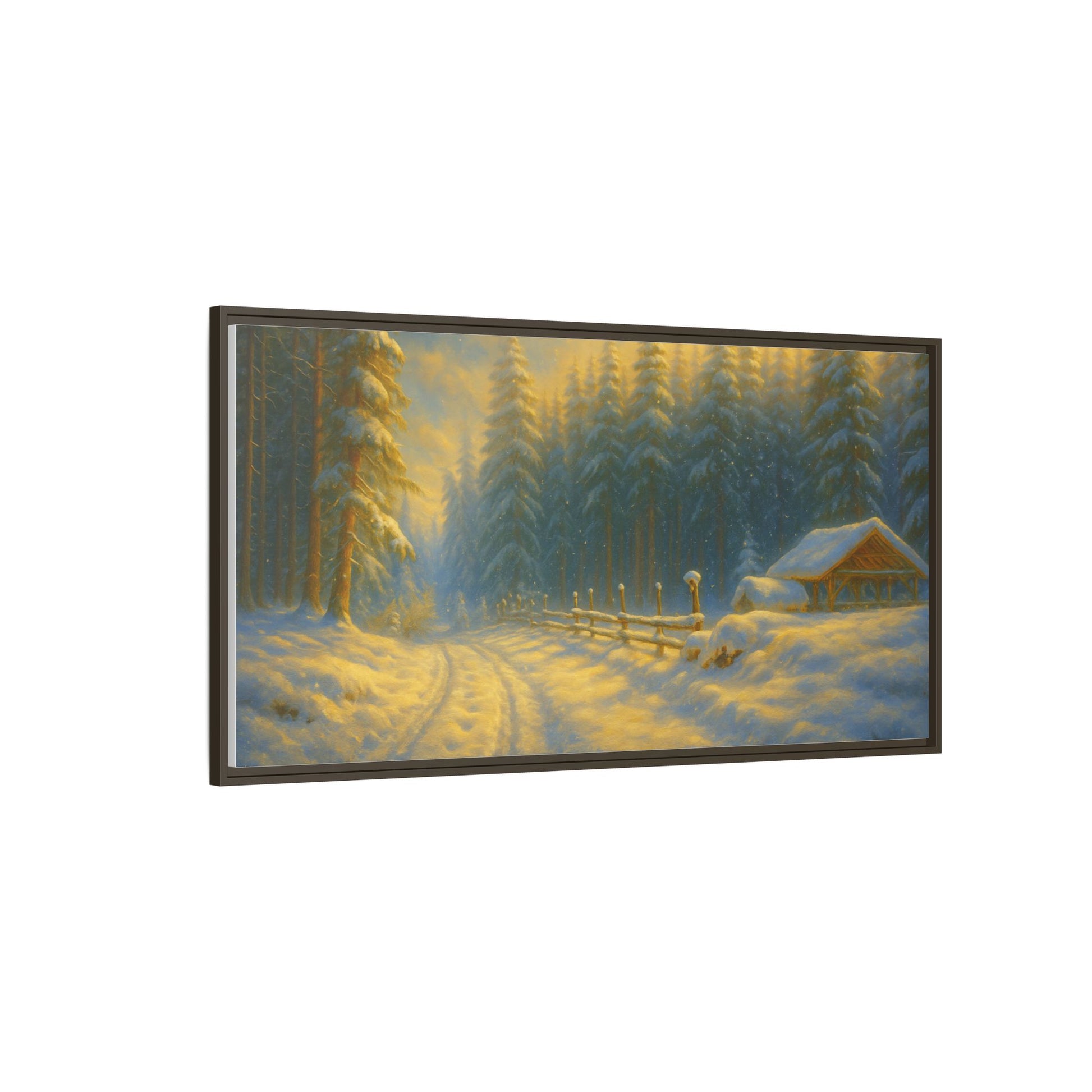 Framed winter cabin canvas print featuring a snowy forest sunset, ideal wall art for cozy winter decor.