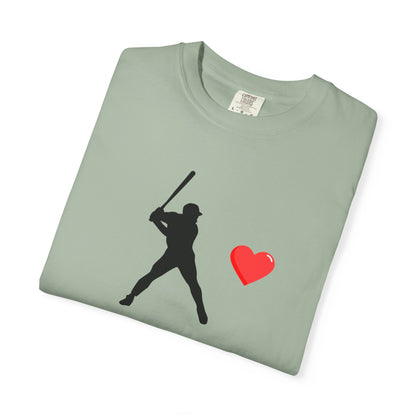 White baseball batter heart T-shirt by Printify featuring a baseball player swinging a bat on the front.