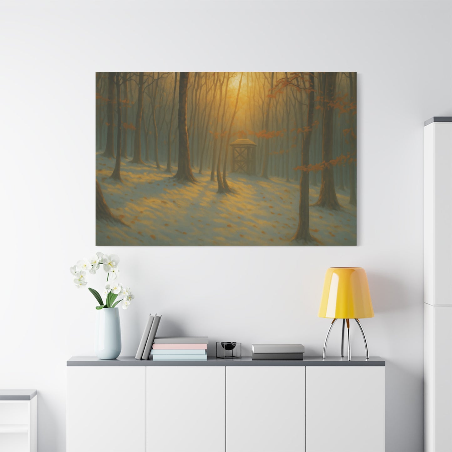 Matte stretched canvas print of a Misty Forest Sunrise landscape by Printify, showcasing detailed forest and sunrise scene.