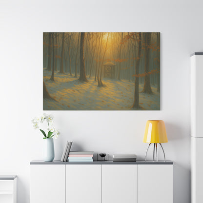 Matte stretched canvas print of a Misty Forest Sunrise landscape by Printify, showcasing detailed forest and sunrise scene.