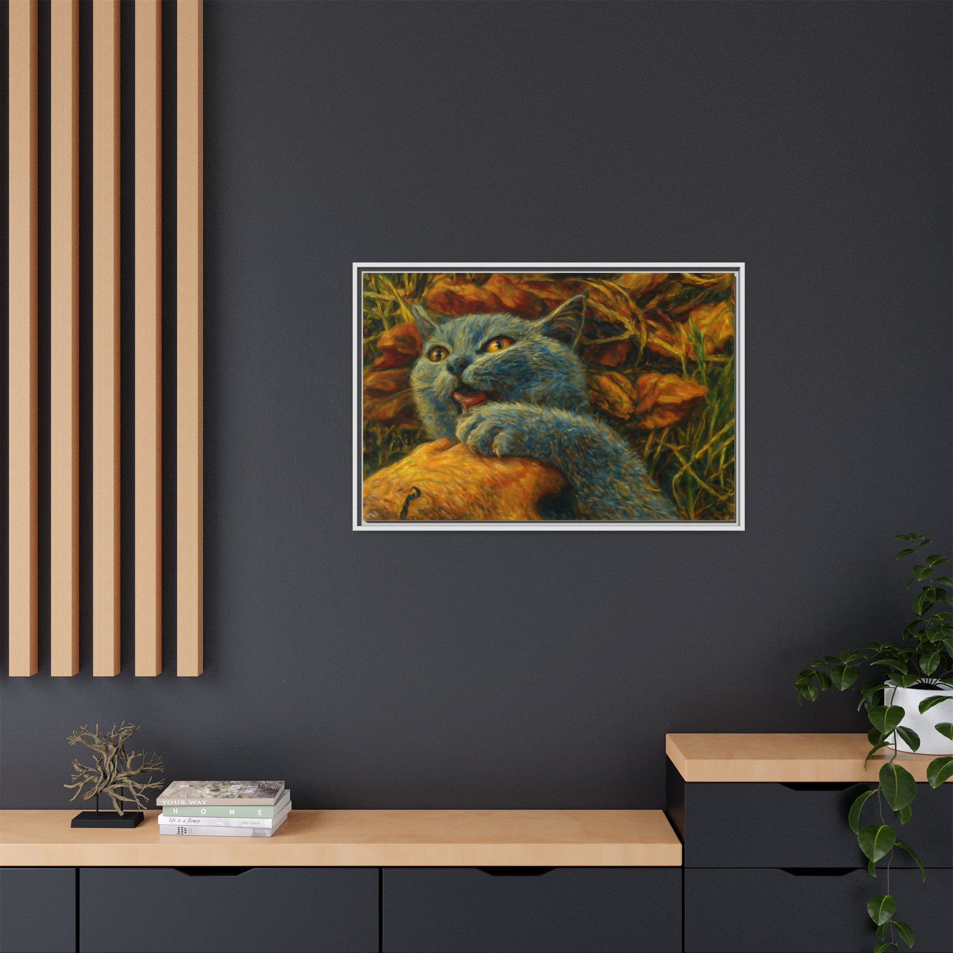 Blue cat canvas print featuring whimsical wall art, perfect for cat lovers, by Printify, showcasing a colorful feline design.