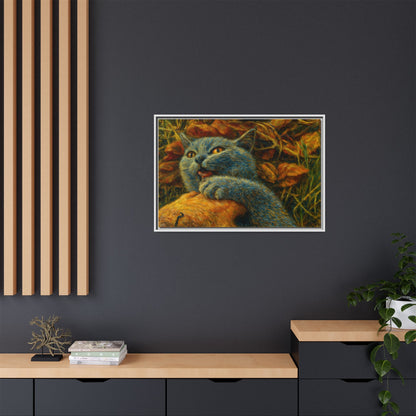Blue cat canvas print featuring whimsical wall art, perfect for cat lovers, by Printify, showcasing a colorful feline design.