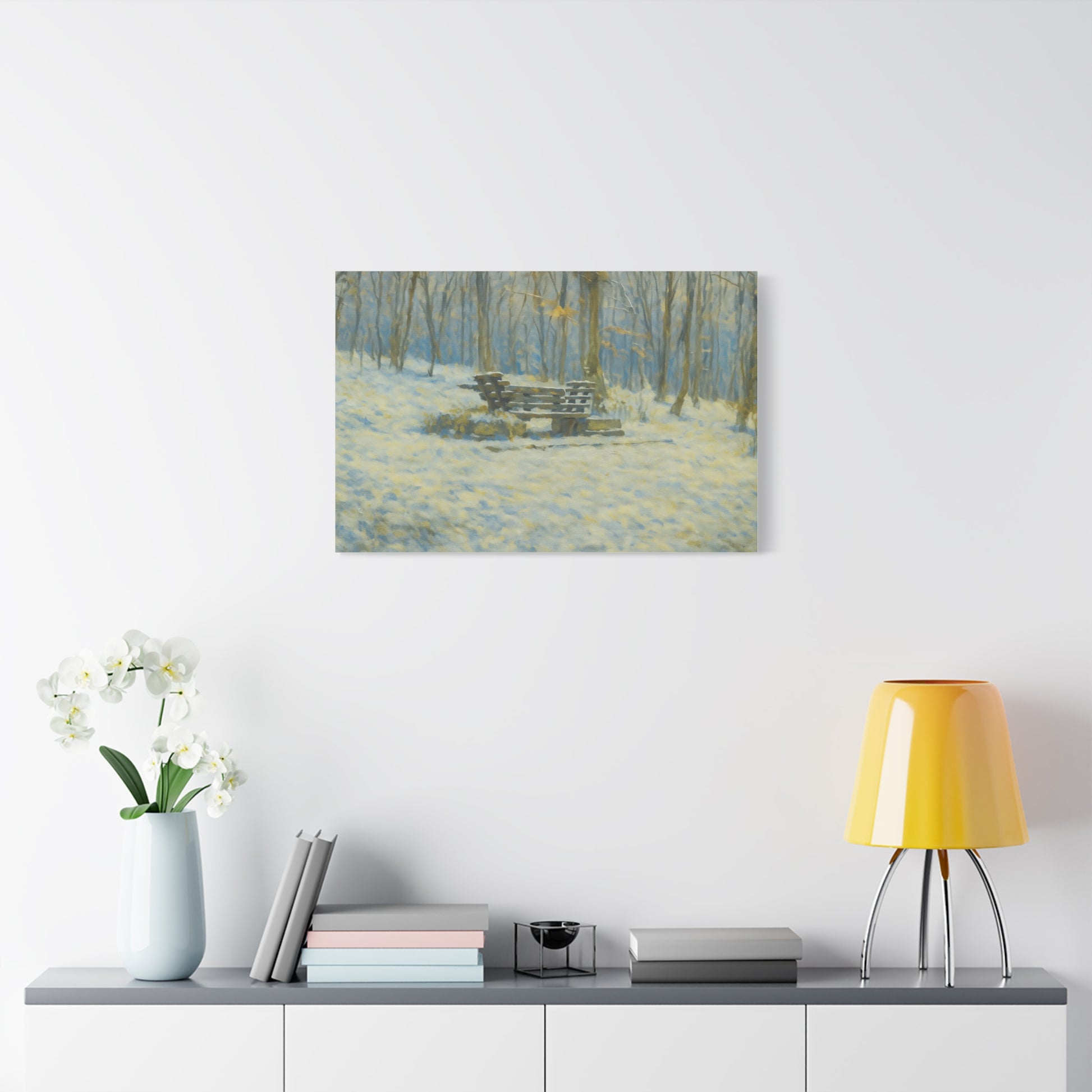 Snowy park bench matte canvas print featuring winter woodland scene, stretched 1.25 inches, by Printify for wall decor.