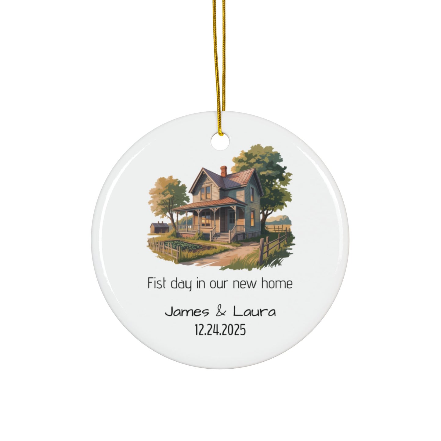 Vintage house illustration ceramic ornament with personalized name and date, featuring detailed artwork and decorative design.