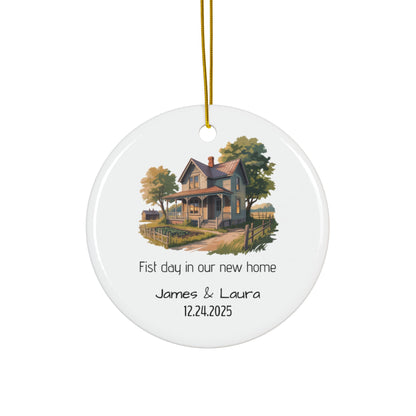 Vintage house illustration ceramic ornament with personalized name and date, decorative ornament by Printify
