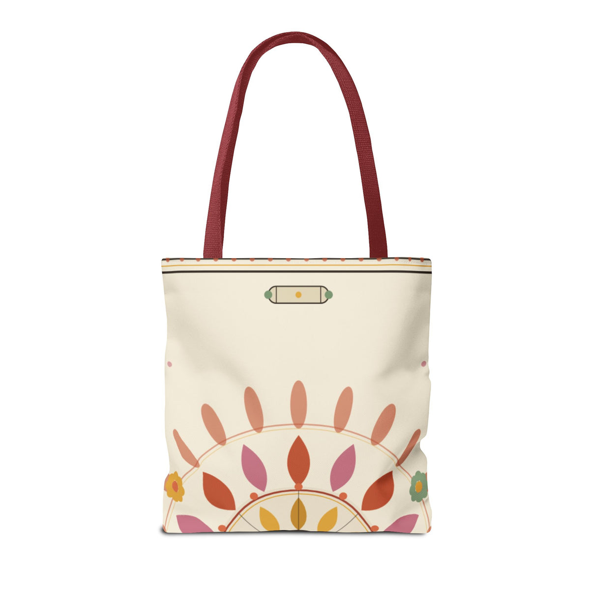 Boho floral mandala tote bag with pastel sunburst pattern, featuring a vibrant bohemian design and spacious bag for everyday use.