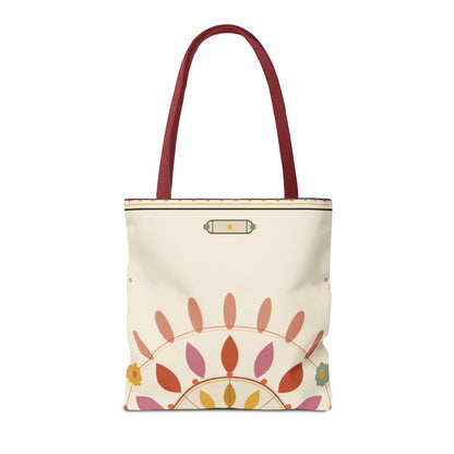 Boho floral mandala tote bag with pastel sunburst pattern, featuring a vibrant bohemian design and spacious bag for everyday use.