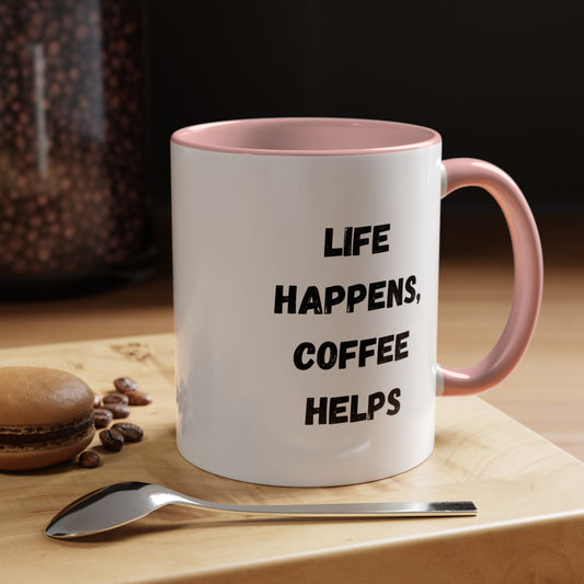 Black ceramic mug with "Life Happens Coffee Helps" text, 11oz or 15oz size, with a black handle and rim by Printify.