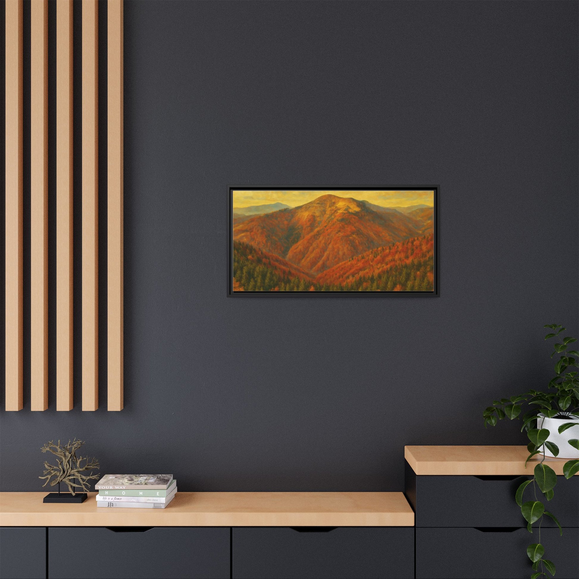 Autumn mountain matte canvas framed wall art by Printify featuring a scenic mountain landscape in warm tones.