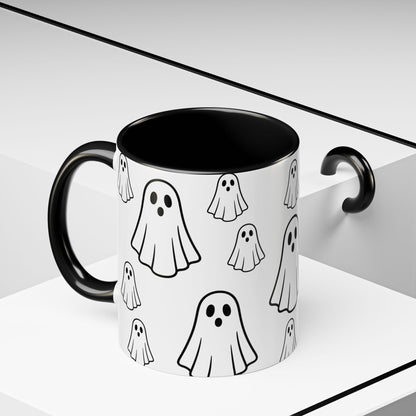 Printify ghost pattern ceramic coffee mug with cute Halloween design, available in 11oz and 15oz sizes.