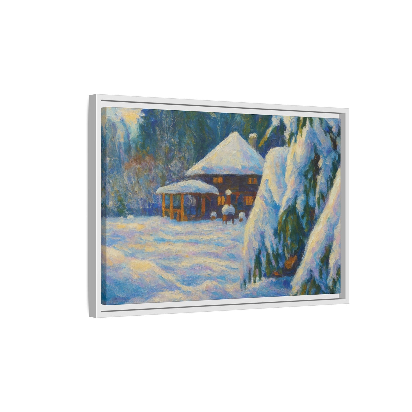 Framed matte canvas wall art of a snowy cabin winter landscape, featuring a cozy cabin surrounded by snow-covered trees.