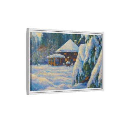 Framed matte canvas wall art of a snowy cabin winter landscape, featuring a cozy cabin surrounded by snow-covered trees.