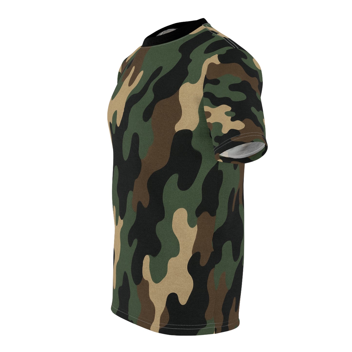 Printify camo all-over print tee featuring classic woodland camouflage pattern on a casual shirt.
