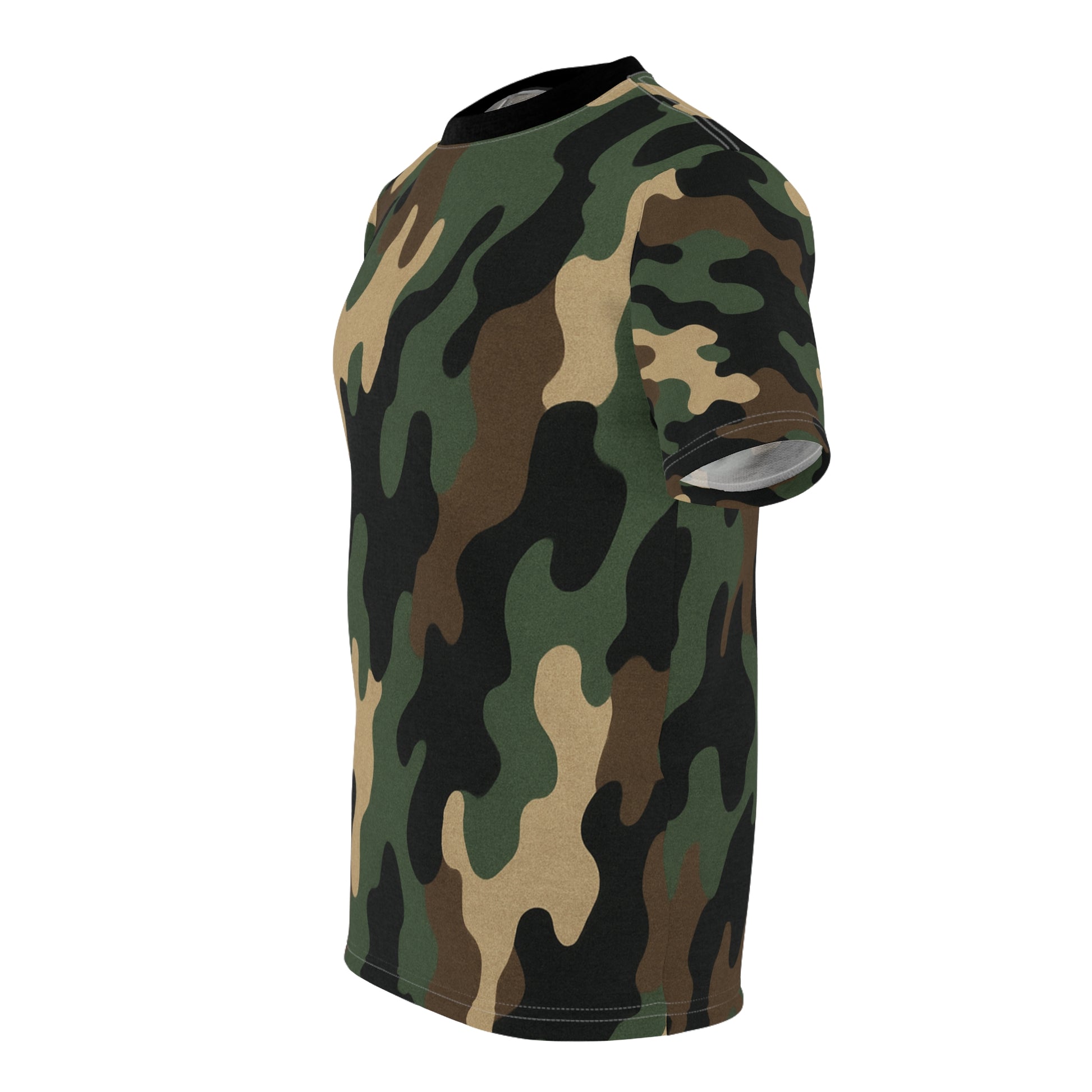 Printify camo all-over print tee featuring classic woodland camouflage pattern on a casual shirt.