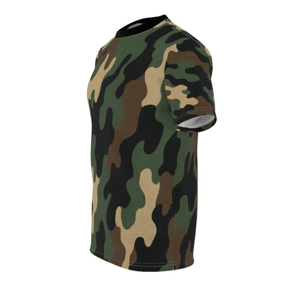 Printify camo all-over print tee featuring classic woodland camouflage pattern on a casual shirt.