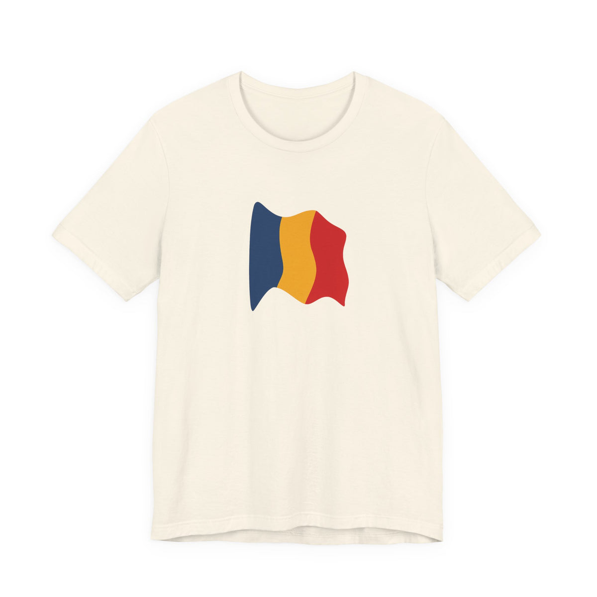 Romania Flag T-Shirt featuring a minimal waving tricolor design, casual cotton tee by Printify with Romanian national colors.
