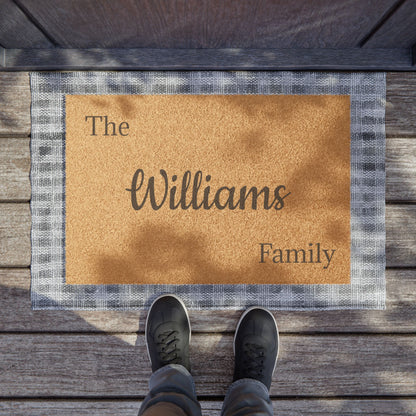 Personalized Script Monogram Welcome doormat with last name, decorative floor mat for home entryway by Printify