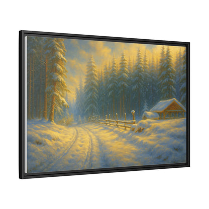 Framed winter cabin canvas print featuring a snowy forest sunset, perfect for cozy wall decor.