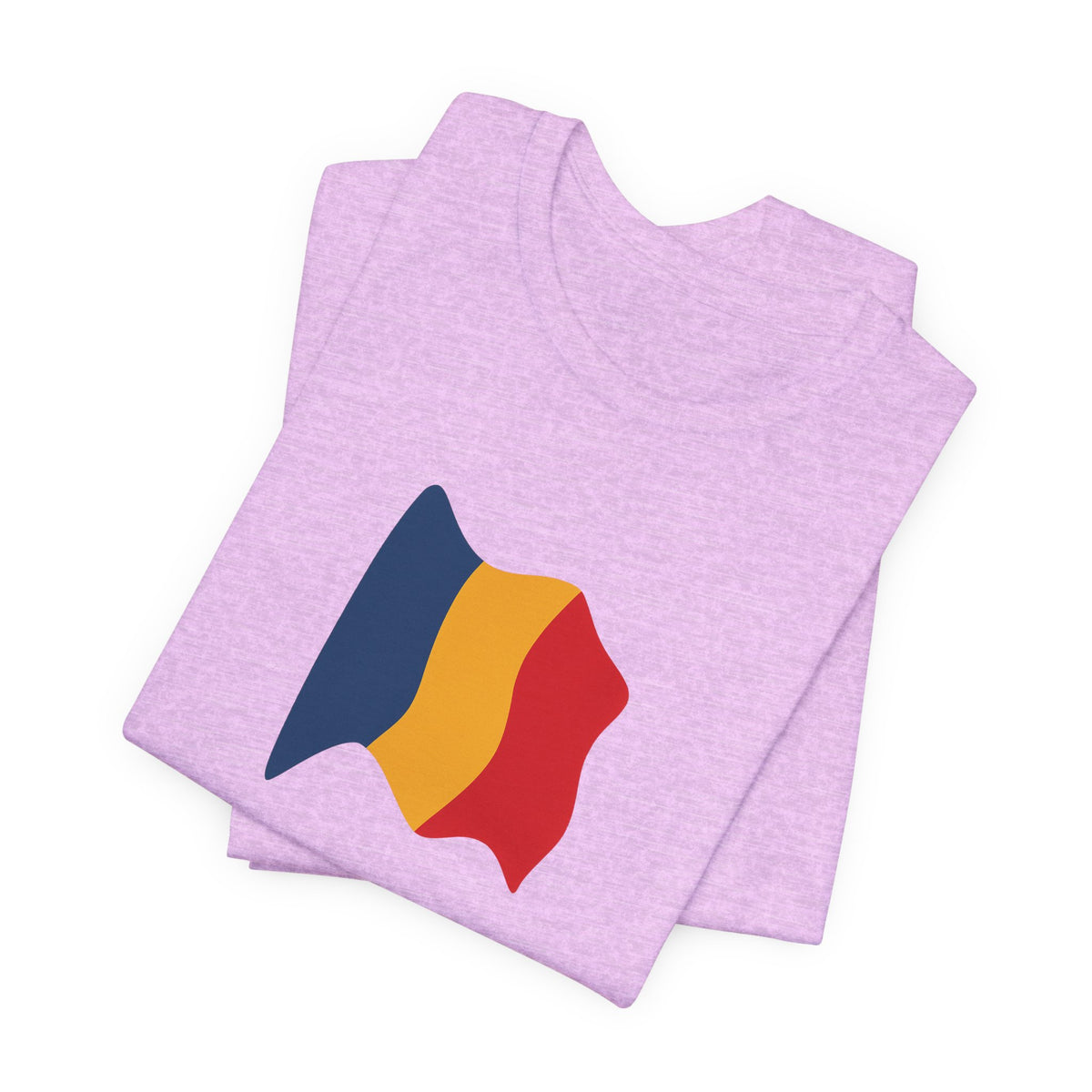 Romania flag T-shirt by Printify featuring a minimal waving tricolor design on a casual cotton tee.