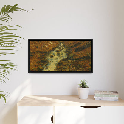 Framed matte canvas print featuring a serene autumn stream landscape artwork by Printify, perfect for home decor.