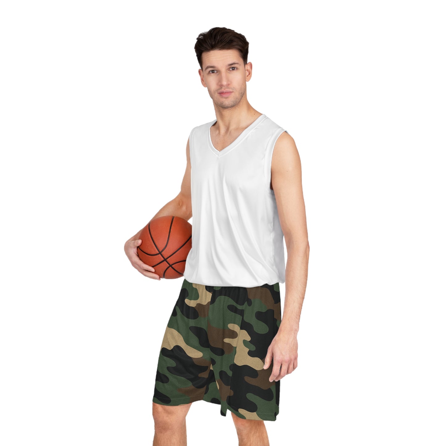 Green woodland camo all-over print basketball shorts by Printify, featuring a bold camouflage design and athletic fit.