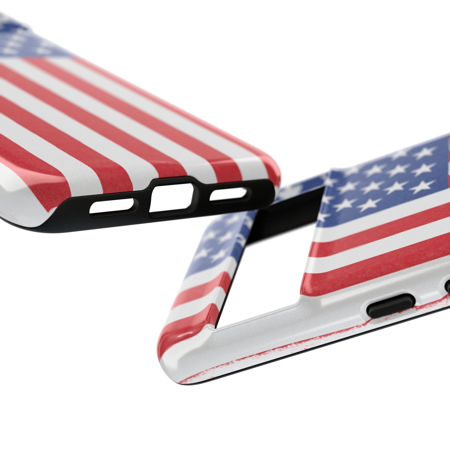 Durable American flag phone case for iPhone, patriotic design, protective tough cover by Printify, featuring bold red, white, and blue colors.
