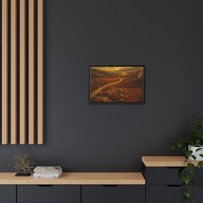 Framed matte canvas print of autumn forest road landscape wall art by Printify, showcasing vibrant fall colors and natural scenery.