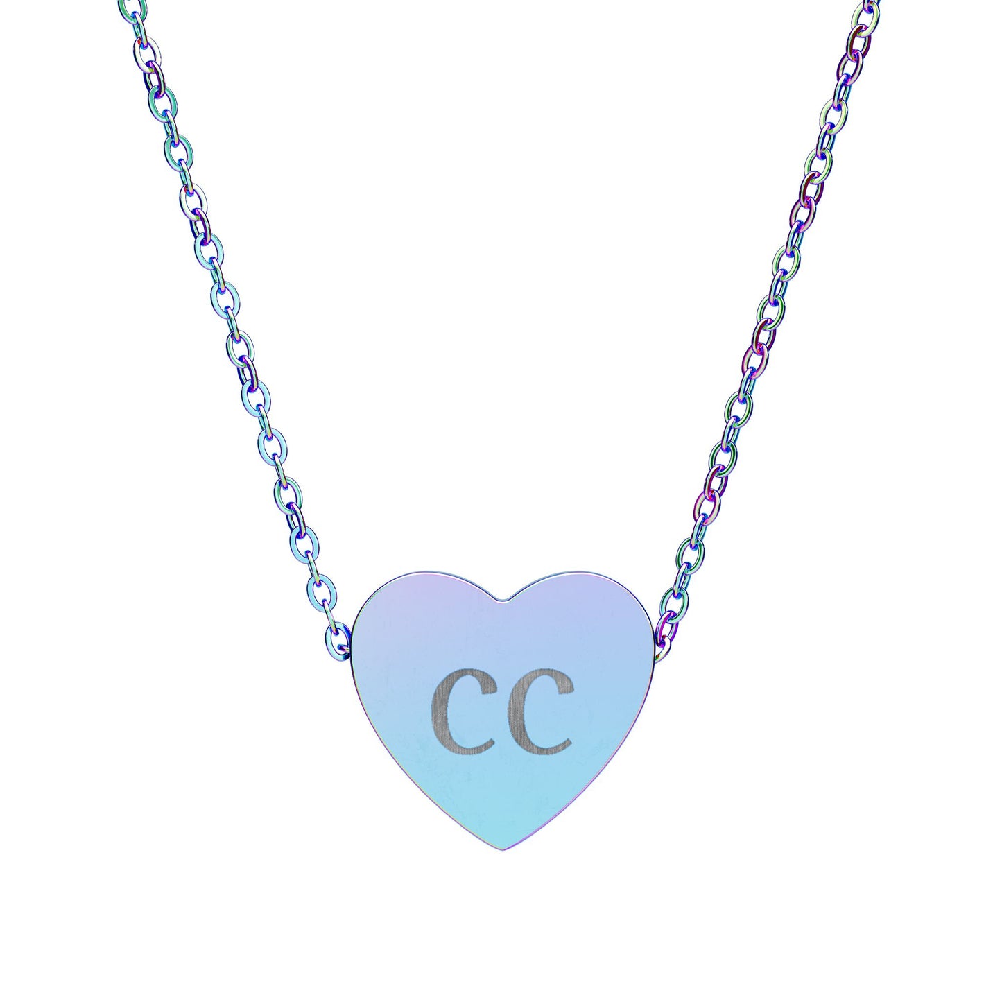 Personalized engraved heart necklace with initials pendant, silver jewelry accessory featuring custom initials design.