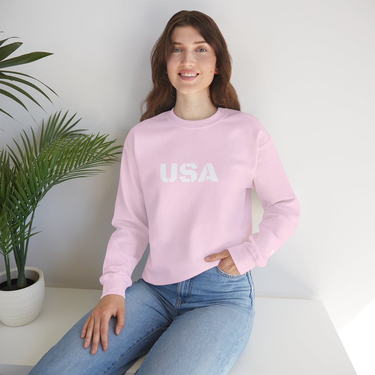 Printify USA crewneck sweatshirt featuring patriotic design, perfect for cozy, all-season wear and American pride.