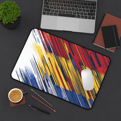 Abstract Flag Brushstroke Desk Mat — Colorful Red, Yellow & Blue Gaming/Office Mousepad