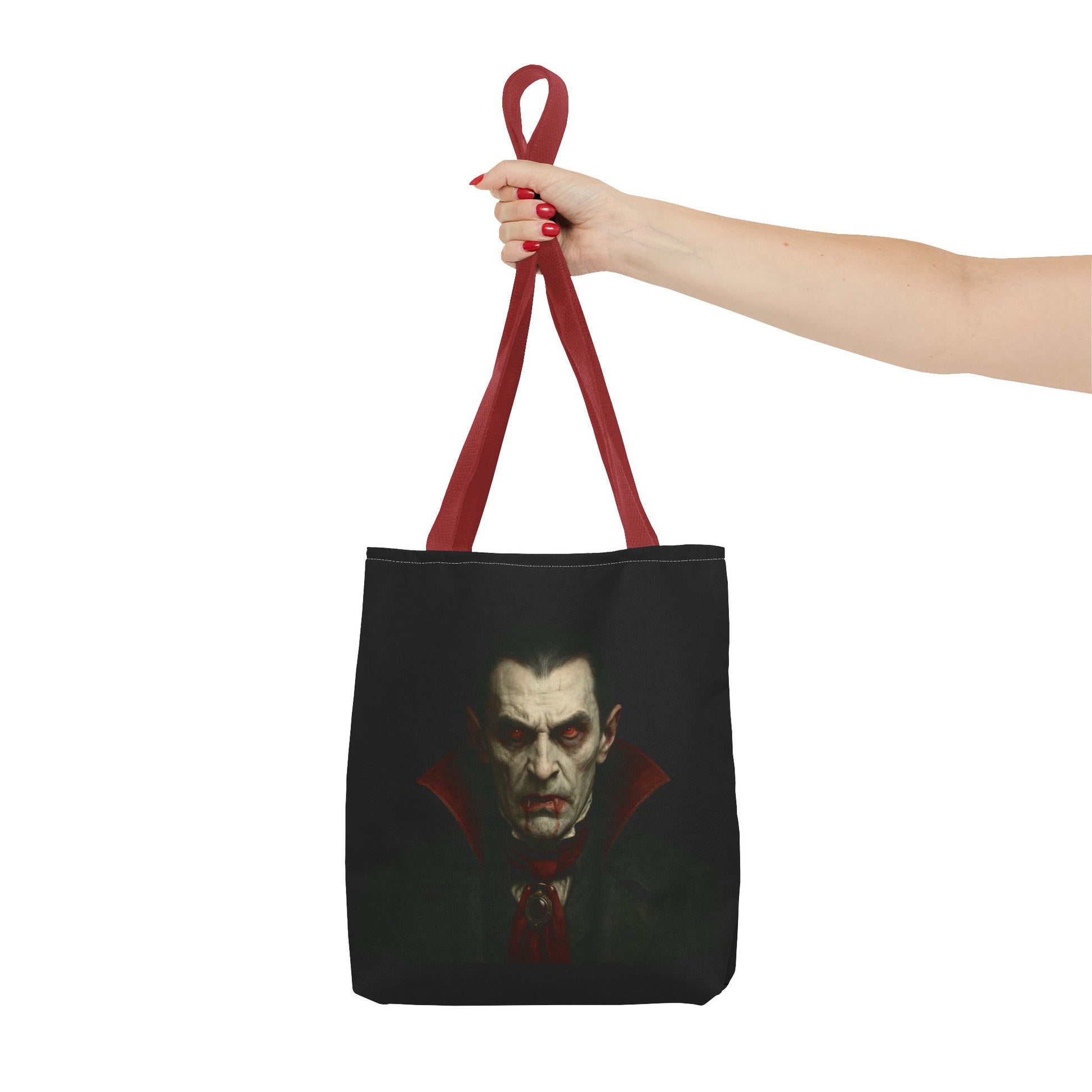 Black vampire tote bag with spooky gothic design, featuring a vampire motif, perfect for Halloween accessories.