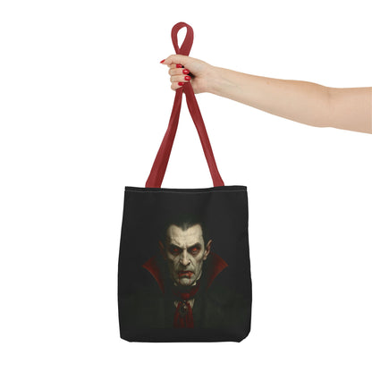 Black vampire tote bag with spooky gothic design, featuring a vampire motif, perfect for Halloween accessories.