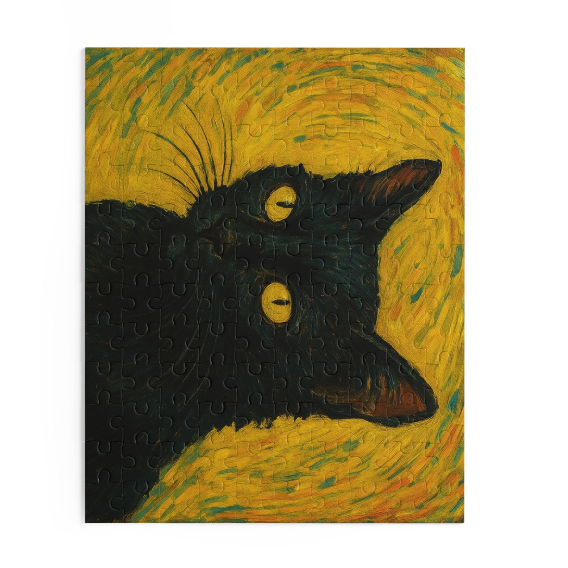 Black cat portrait puzzle by Printify featuring a detailed image of a black cat, available in 120 to 500 pieces.