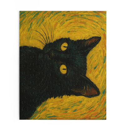 Black cat portrait puzzle by Printify featuring a detailed image of a black cat, available in 120 to 500 pieces.