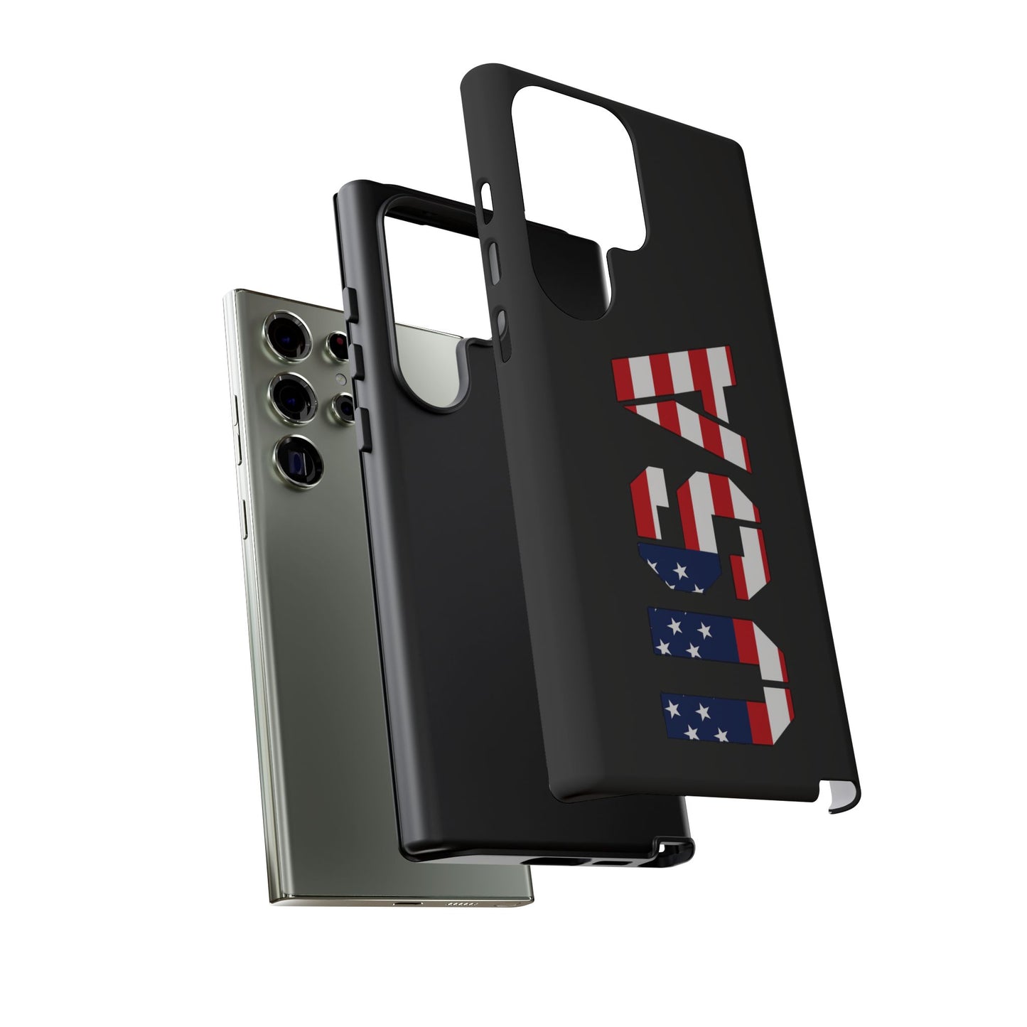 USA patriotic phone case with American flag design for smartphones, durable tough case by Printify.
