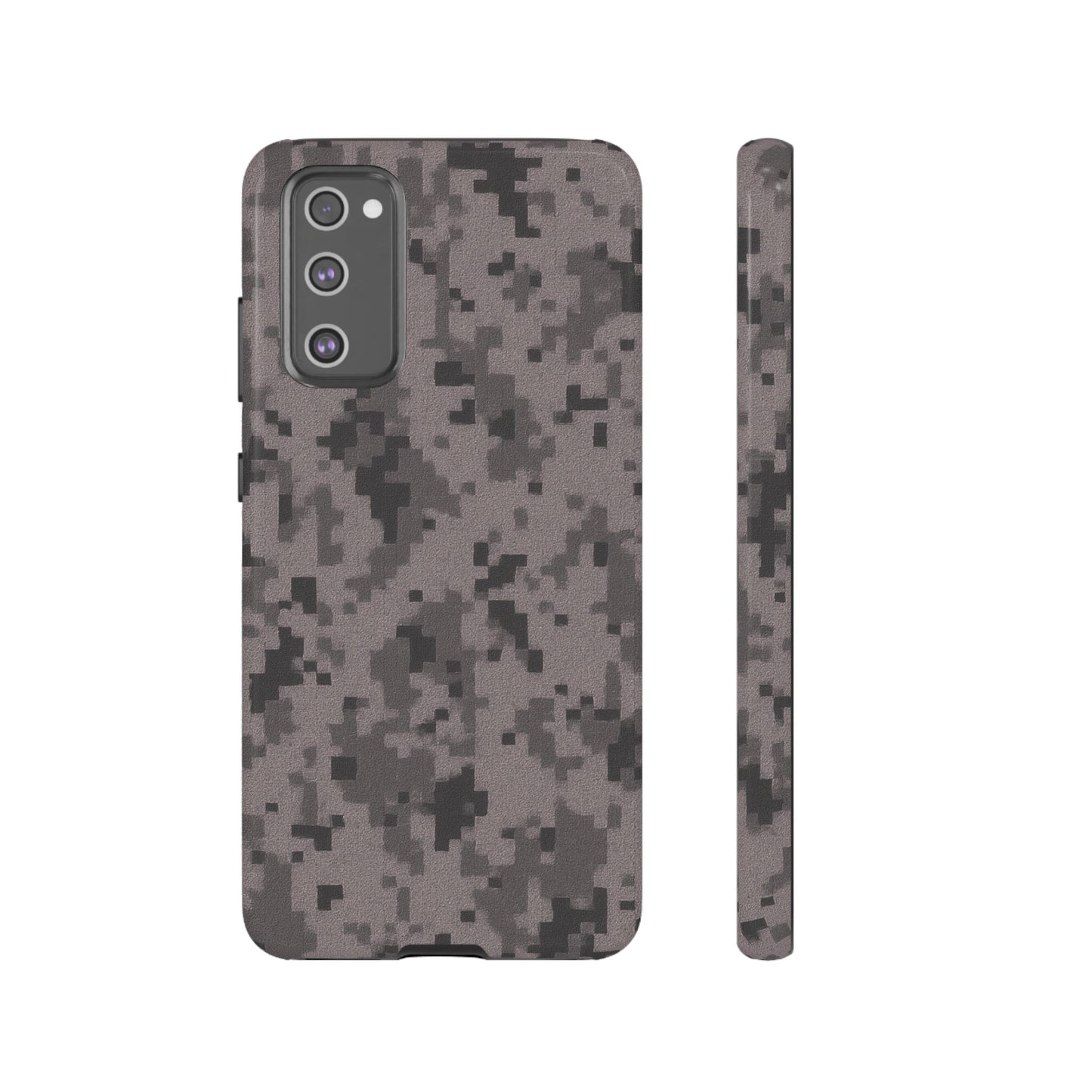Gray digital camouflage phone case by Printify, tough protective cover designed for smartphones with a rugged camouflage pattern.