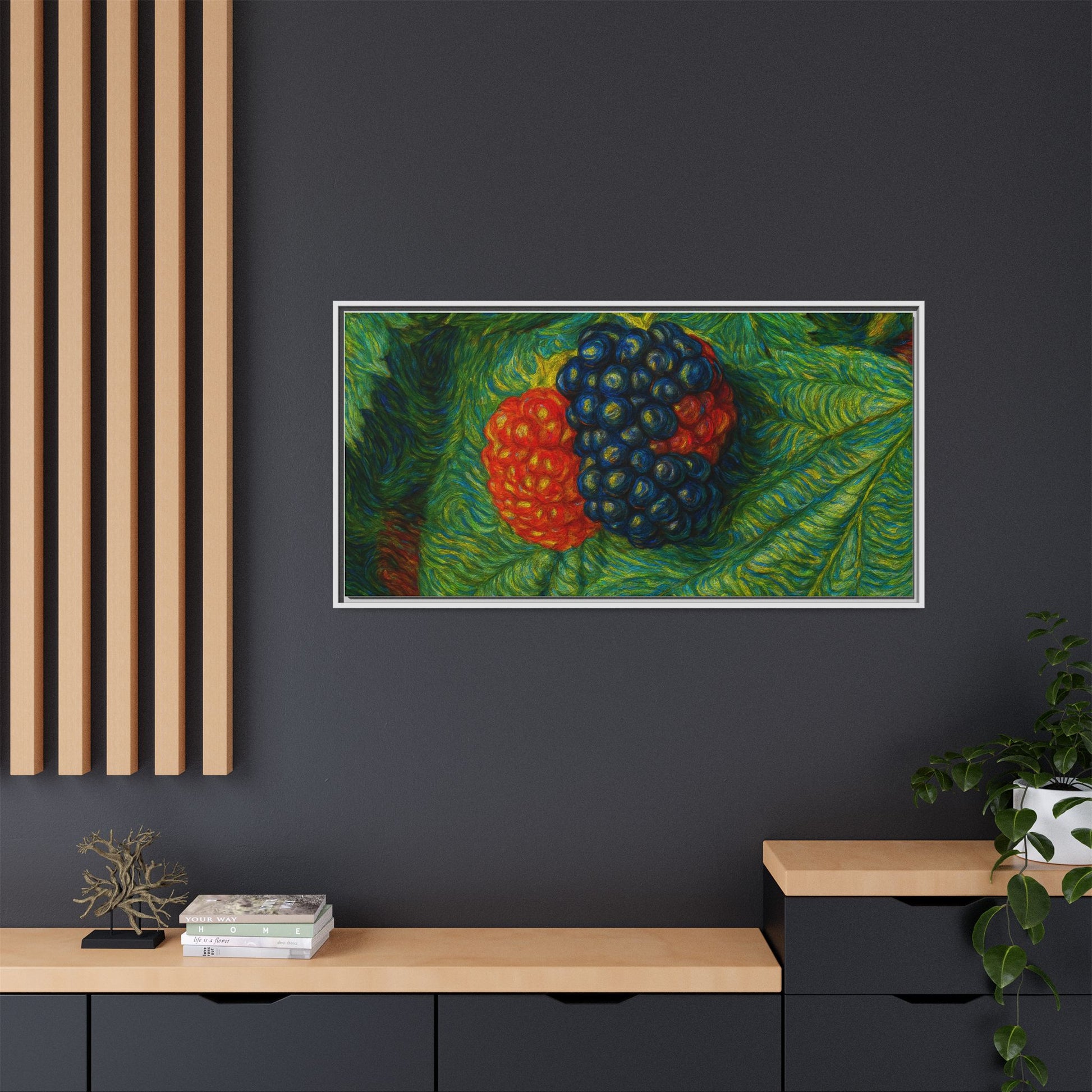 Blackberry still life framed canvas print by Printify showing a detailed image of ripe blackberries on a textured canvas background.