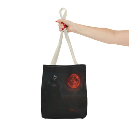Gothic Dracula tote bag with moonlit vampire art, perfect for Halloween, by Printify. Durable fabric with detailed spooky design.